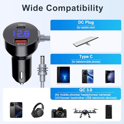 Starlink Mini Car Charger & Power Adapter, 3-in-1 Starlink Mini Cable 10FT with Digital Display & 12V-48V Cigarette Lighter Plug for Trucks, Cars, RVs - USB-C PD 40W & USB-A 35W Ports+Extension Cable