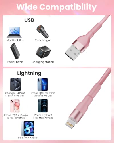 6.6ft Coiled iPhone Charger Cord, MFi Certified Fast Charging Coiled Lightning Cable with LED Light, USB to Lightning Charging Cable for iPhone 14/13/12/11/XS/X/8/7/iPad/CarPlay-Pink