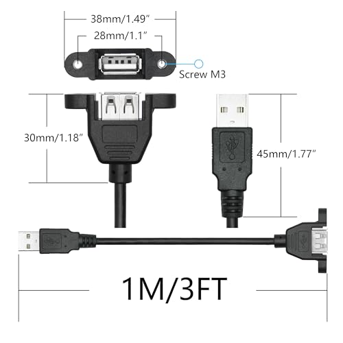 USB 2.0 Panel Mount Extension Cable 3FT, with Ears Emale Socket and Screws - style: 3FT - 2Pcs