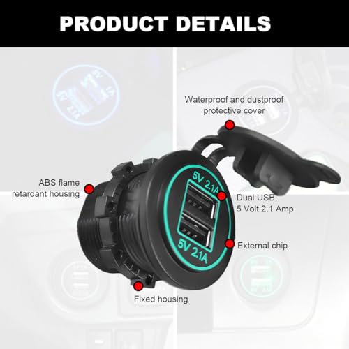 4.2A Dual USB Charger Socket, Waterproof Power Outlet 12V/24V 2.1A & 2.1A Quick Charge Socket, USB Charger Socket with Cap for Car Golf Cart Mobile RV ATV Truck Marine Boat (Green) - color: Green