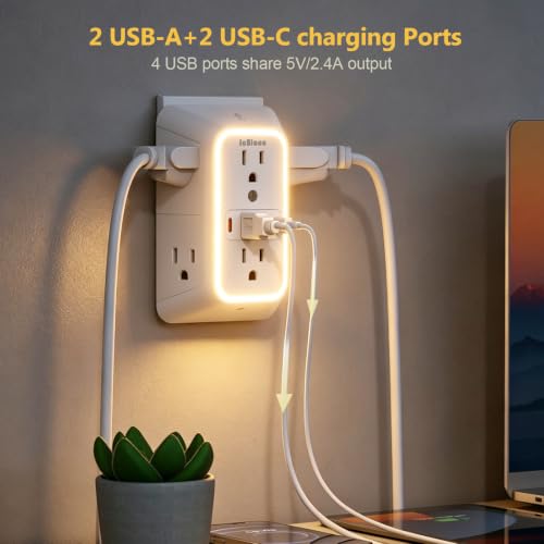 Wall Outlet Extender with Night Light, Power Plug Adapter 6 Outlet Extender with 4 USB Charging Ports 1050J Power Strip Multi Plug Adapter Spaced for Home Travel Office (2U2C)-ETL - color: White-1Pcs