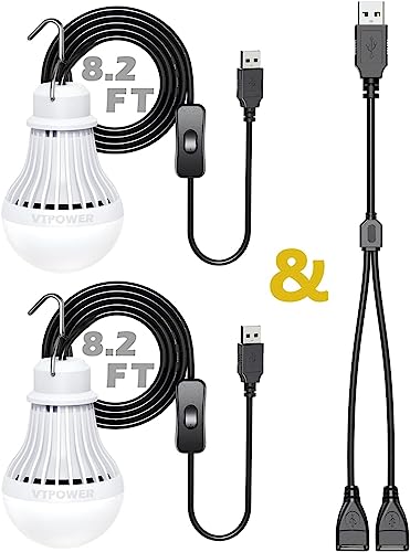 2 Pack USB Light Bulb, USB LED Camping Light Lantern, 8.2 ft Extra Length Cord Tent Light with USB Y-Cable, Portable LED Bulb for Garage Warehouse Car Truck Fishing Boat Room Emergency Light, White - style: 5W 2PCS