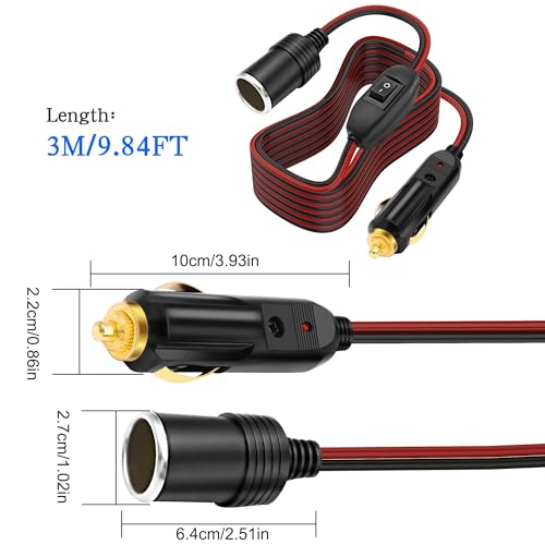 XMSJSIY Cigarette Lighter Extension Cord 14AWG 12V-24V - 3M/9.84FT