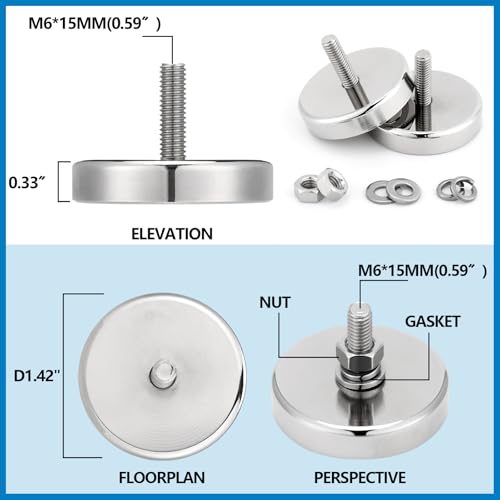 Flutesan 4pc Strong Round Mounting Magnet with Bolt, 1.42"-110lb-M6 Silver - color: Silver, size: 1.42in-90lb-M6