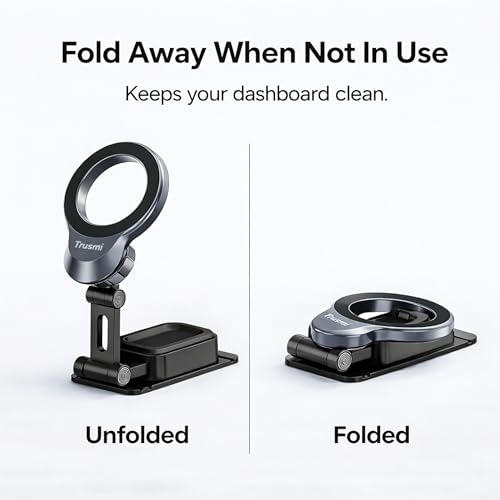 Trusmi Magnetic Car Phone Holder, Dashboard Mount Compatible with MagSafe, 360° Foldable Adhesive Car Phone Mount with Metal Plate, for iPhone 17/16/15/14/13/12, Samsung Galaxy S26/S25/S24, Pixel etc