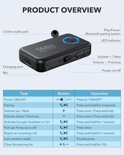 1Mii Bluetooth 6.0 Receiver for Car, AUX Bluetooth Car Adapter - style: ML100 (Standard)
