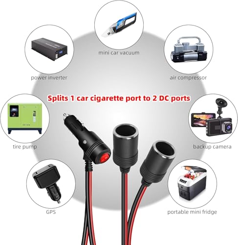 GELRHONR 12V 1 to 3 Cigarette Lighter Splitter Power Adapter, 3 Way Cigarette Lighter Extension Cord with ON Off Switch, Male Plug to Dual Female Socket Extension Cable-1M(1 to 3) - size: 1M, style: 1 to 3