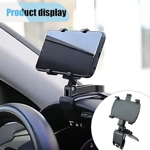Car Phone Mount, 360° Rotatable ABS Dashboard Cell Phone Holder, Multifunctional Car Rearview Mirror Phone Mount Stand Clip with Non-Slip Base, Compatible with 3 to 7 Inch Smartphones