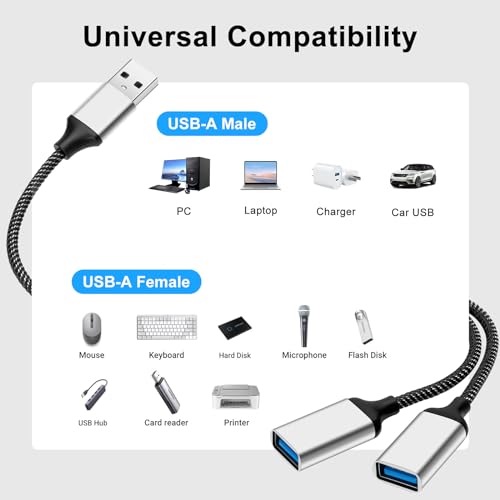 USB Splitter Cable, USB A Splitter 1 in 2 Out Adapter, Dual Port Hub for Data Transfer/Charging, Extra Extender Data Split Power Cord Extension for Car/Laptop/Mac/PC (Silver) - style: cs-usb-2usb-silver