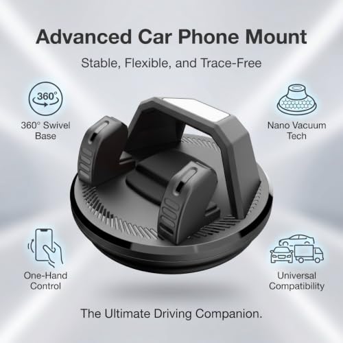 Car Phone Holder Mount, Car Dashboard Phone Holder, Anti-Slip Waterproof Navigation Mount with Wider Silicone Base, Rotatable One-Hand Operation Bracket, Universal for Most Phones (Black)