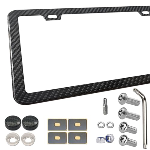 BGGTMO Real Carbon Fiber License Plate Frame, Stainless Steel Base, 1 Pack - color: Real Carbon Frame-2 Holes