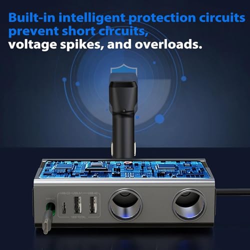 6-in-1 Cigarette Lighter Splitter, 65W PD Fast Charging, 120W Total Output, Two 12V Sockets, Retractable USB-C Cable, Battery Monitor, Trickle Charge, 1M Extension Cable for Front & Rear Charging