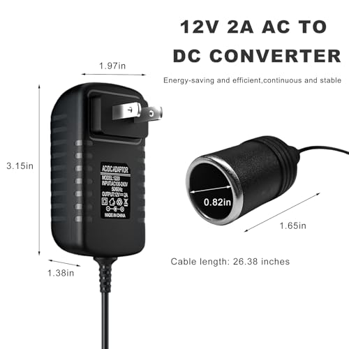 2A 24W AC to DC Converter, 220V to 12V Car Cigarette Lighter to Wall Outlet Adapter with Power Cable, Auto Cigarette Lighter Socket for Dash Cam FM Transmitter Air Purifier