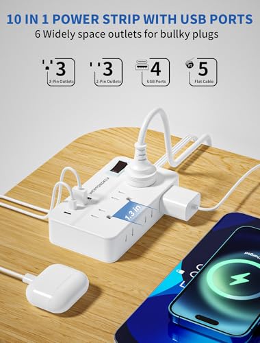 Surge Protector Power Strip - 5Ft Braided Extension Cord Flat Plug with 6 Outlets and 2 USB-A 2 USB-C Ports, 1080 Joules Wall Mounted Charging Station for Office Home ETL (5 FT) - size: 5 ft