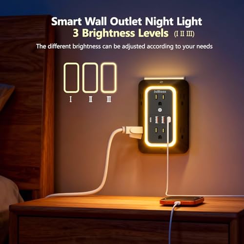 Wall Outlet Extender with Night Light, Power Plug Adapter 6 Outlet Extender with 4 USB Charging Ports(2 USB C),1050J Power Strip Multi Plug Adapter Spaced for Home Office Travel-Black-ETL - color: Black-1Pcs