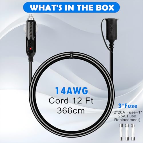 14AWG Premium Pure Copper 12V 24V Car Cigarette Lighter Socket Extension Cord, 12ft / 3.66m 14 AWG Cable Wire for Car Inverter Air Pump Electric Cup car Refrigerator etc