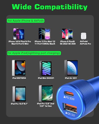 iPhone Car Charger,2Port Fast USBC Car Charger Dual USB C+USB A Car Charger - color: Blue