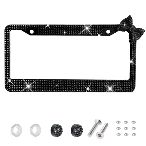 Wanheart 1 Pack Black Bling License Plate Frame, Upper Right Black Bow - color: Black Frame + Black Bow