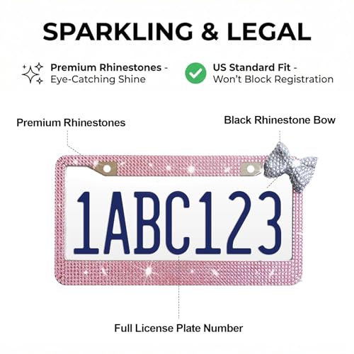 Wanheart 1 Pack Pink Bling License Plate Frame with White Corner Bow - color: Pink Frame + White Bow