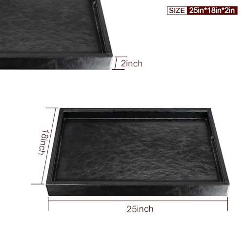 25 x 18 inches Leather Ottoman Serving Tray with Hole Handles, Rectangle Large Modern Service Tray for Living Room, Coffee Table, Bed, Tea, Food, Butler Countertop, Kitchen, Dinner, Picnic (Black) - color: Black, size: 25" x 18" x 2"