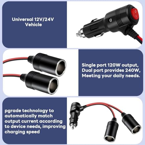 2 Way Car Cigarette Lighter Socket Splitter Accessory with Switch DC 12V-24V Chargers Adapter LED