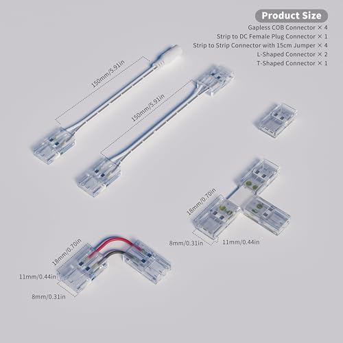 PAUTIX 8mm Connectors for 2-Pin COB LED Strip Lights,4pcs Transparent Gapless Connectors,4pcs Dual End,1pc Single to DC Female Plug 7.9in Extension Wire,2pcs L-shaped Connectors,1pc T-shaped Connector - size: 8mm Cob Connectors/Upgraded Set