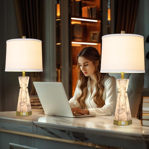 Scenekoy 27" Modern Alabaster Table Lamp Set of 2 with Night Light, USB A+C - color: White