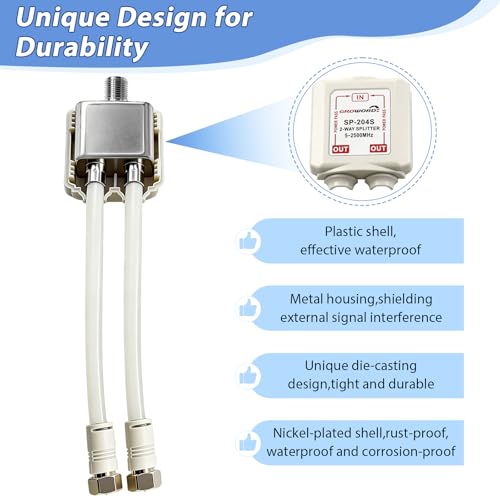 Satellite Splitter 5-2500MHz, 2-Way CATV Splitter with RG6 Coaxial Cable and 2 Connectors, for Pass Power to LNB, Improve HD TV Satellite Antenna Signal Quality, Corrosion Resistant - size: 15 inch