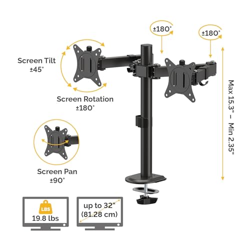 Fellowes Everyday Adjustable Dual Monitor Arm – Holds Two Screens up to 32" (inch) Weighing 19.84 lbs Each, Tilt, Swivel, Rotate, VESA 75/100, Clamp or Grommet Mount, Cable Management - style: Everyday Dual Arms