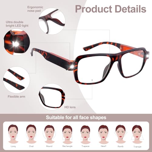 LED Reading Glasses USB Rechargeable, Lighted Readers for Seniors - color: Demi