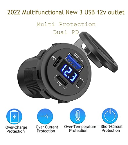 2 Pack 12V USB Outlet, QC3.0 & PD Dual Car Charger with Voltmeter & Switch - color: 2PD+1QC