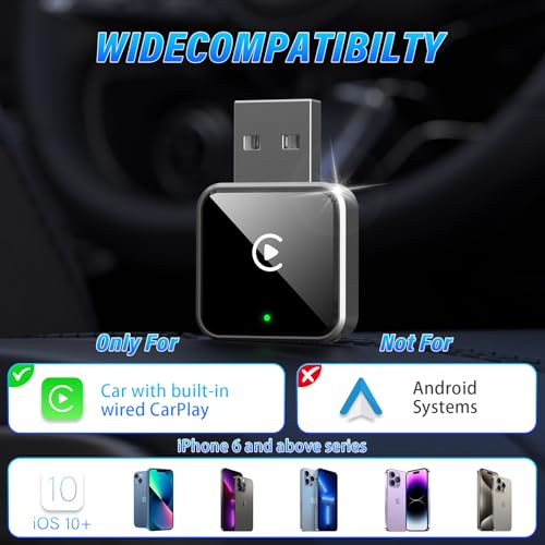 Wireless CarPlay Adapter for iPhone, Converts Factory Wired CarPlay to Wireless, 5 GHz Plug-and-Play Dongle, USB-A and USB-C, iOS 10+