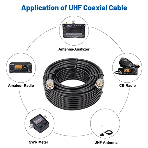 MOOKEERF RG8x Coaxial Cable 50ft,CB Coax Cable 50 Ohm,UHF PL259 Male to Male Low Loss CB Antenna Extension for HAM Radio,VHF Radio,SWR Meter,Dummy Load,Antenna Analyzer - size: 50FT