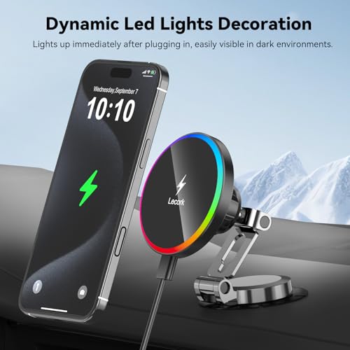 Lecork for Magsafe Car Mount, 15W Magnetic Wireless Charger for iPhone, Magsafe Air Vent Car Holder Charger for iPhone 17 Pro Max/16/15/14 13 12, Samsung S25/S25+/Ultra, RGB LED Design