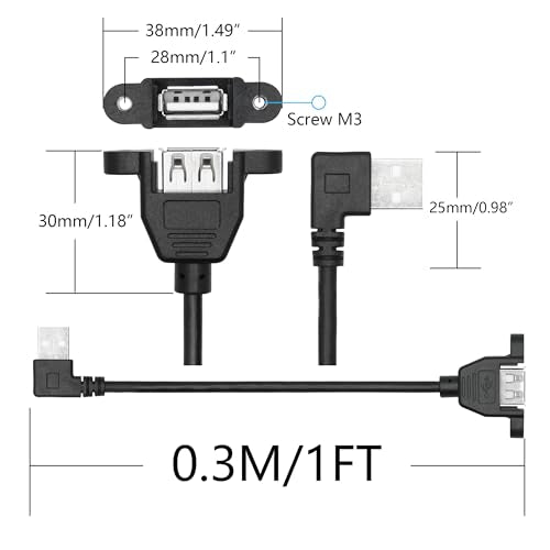 2Pcs 90 Degree USB A Panel Mount Extension Cable 1FT, Charging and Data - style: Right Angle USB A Male to Female Cable - 1FT