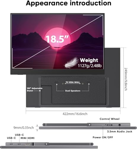 Portable Monitor 18.5inch 1080P FHD 100Hz Refresh Rate Gaming Monitor, 72% sRGB, IPS Panel, Dual USB-C & Mini-HDMI for Laptop, PC, Phone, Built-in Kickstand, Speakers - size: 18.5inch 1080P