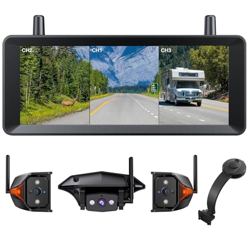AUTO-VOX Wireless RV Backup Camera System: Rear & Side Cameras with 7.2" HD Monitor and Flexible Bent Mount, Triple Split View, DVR Recording Back up Camera for RV,Travel Trailer,Motorhome,Camper
