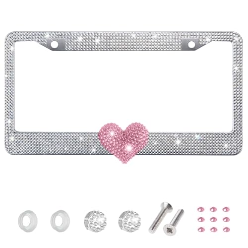 1 Pack White Bling License Plate Frame with Pink Heart for Women - color: White Frame+Pink Heart