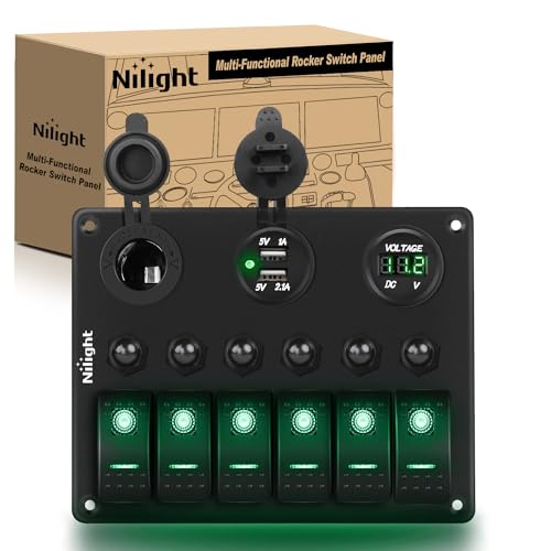Nilight 6 Gang Rocker Switch Panel On Off Toggle Resettable Circuit Breaker - color: Green, size: 6+3 Gang Dual USB
