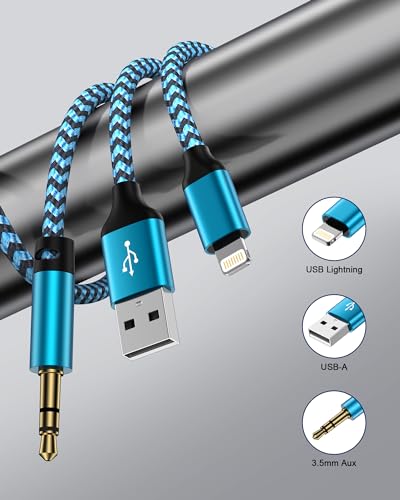 Lightning to 3.5mm Aux Cable for Car +Charge Cord 2-in-1 MFI Certified Male