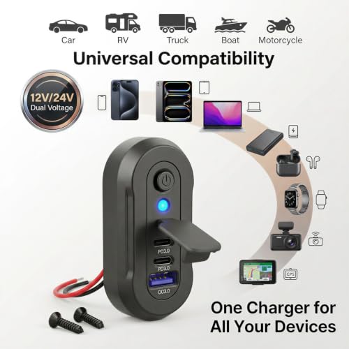 90W 12V RV USB Outlet 3 Port Wall Mount Quick Car Charger Waterproof - color: Black, size: 1P