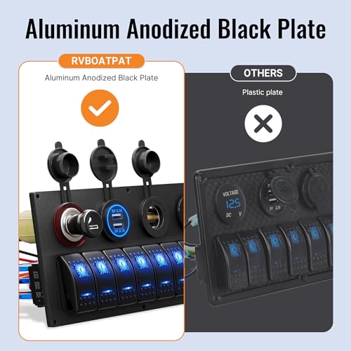 RVBOATPAT Marine Boat Switch Panel Waterproof 8 Gang 12V Rocker Switch Panel 12 Volt Toggle Switch Panel Blue LED Lighted for Automotive Car Truck - style: 8 Gang Switch Panel