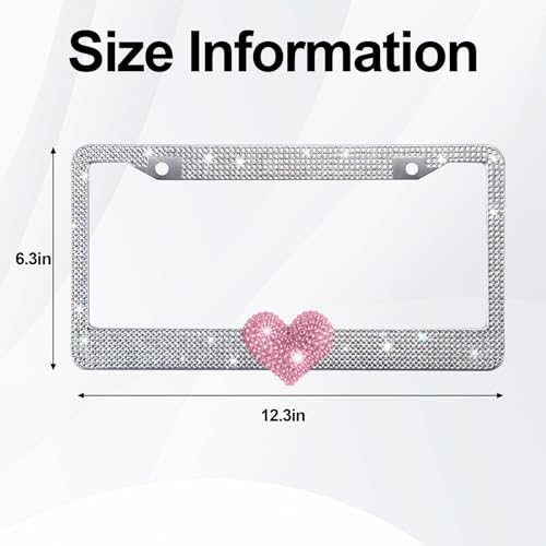 1 Pack White Bling License Plate Frame with Pink Heart for Women - color: White Frame+Pink Heart