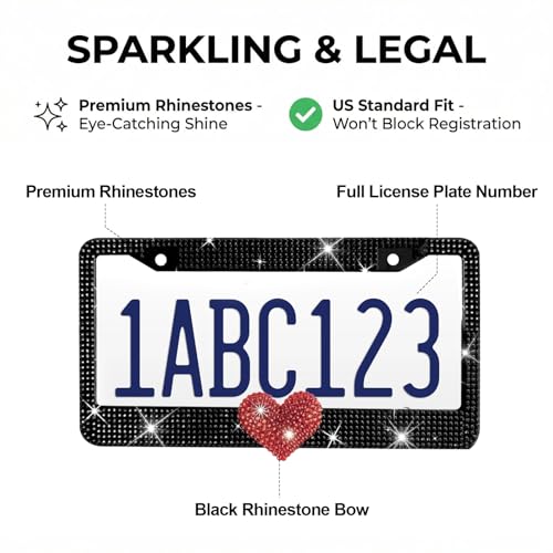 1 Pack Black Bling License Plate Frame with Red Rhinestone Heart - color: Black Frame+Red Heart