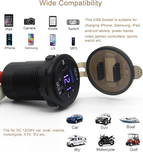 2 Pack 12V USB Outlet, QC3.0 & PD Dual Car Charger with Voltmeter & Switch - color: 2QC+1PD