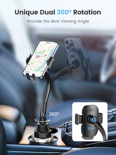 Car Phone Holder, Dual 360° Rotate Gooseneck Cup Holder Phone Mount for Car, Flexible Cell Phone Holder Car Compatible with iPhone 16 Pro Max/15/14/13/12/11, S25/S24/S23/S22, 4”-7” Phone