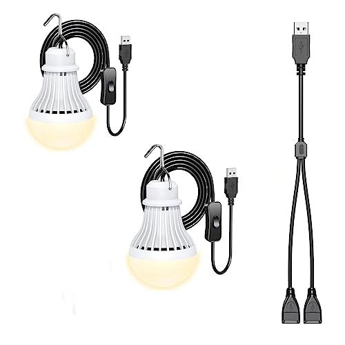 2 Pack USB LED Camping Lantern, 8.2 ft Extra Length Cord Tent Light with USB Y-Cable, Portable LED Bulb for Garage, Warehouse, Car, Truck, Fishing Boat, Room, Emergency Light, Warm - style: WarmWhite-2PCS