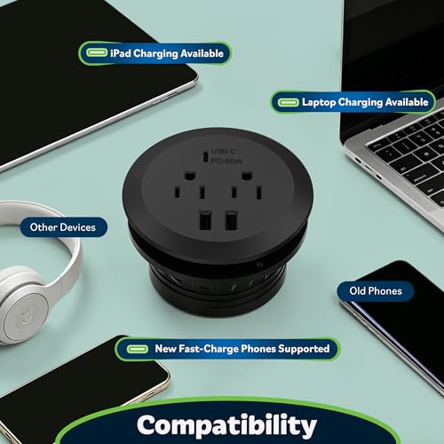 TOPGREENER Desktop Power Grommet with GaN 60W PD, Black - color: Black