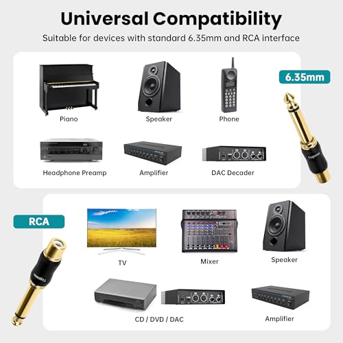 RCA to 1/4 Inch Adapter 10 Pack, 6.35mm Quarter Inch TS Mono Male to RCA Female Jack Plug, Gold-Plated Guitar Connectors, Audio Converter Premium Quality Series - size: 10 Pack