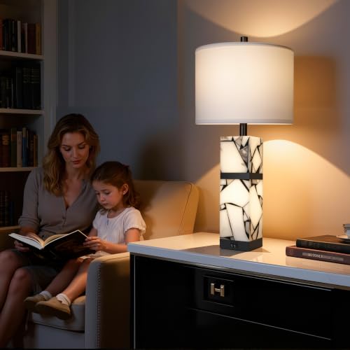 Scenekoy 27" Alabaster Table Lamp Set of 2 with Night Light for Living Room - color: Black